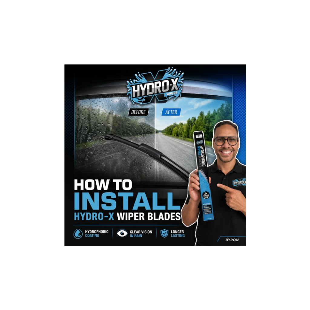 Promotional graphic for HYDRO-X wiper blades showing a split before/after windshield scene, large text reading HOW TO INSTALL HYDRO-X WIPER BLADES, feature icons, and a smiling man in a branded shirt holding a product package.